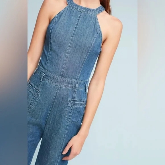Anthropologie Pilcro Femme Boho Denim Jumpsuit Overalls Wide Leg Crop Sz 10 - Picture 2 of 13